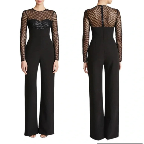 Halston Jac Sequin Illusion Neck Crepe Wide Leg Jumpsuit Black Size 2 NWT - Picture 15 of 15